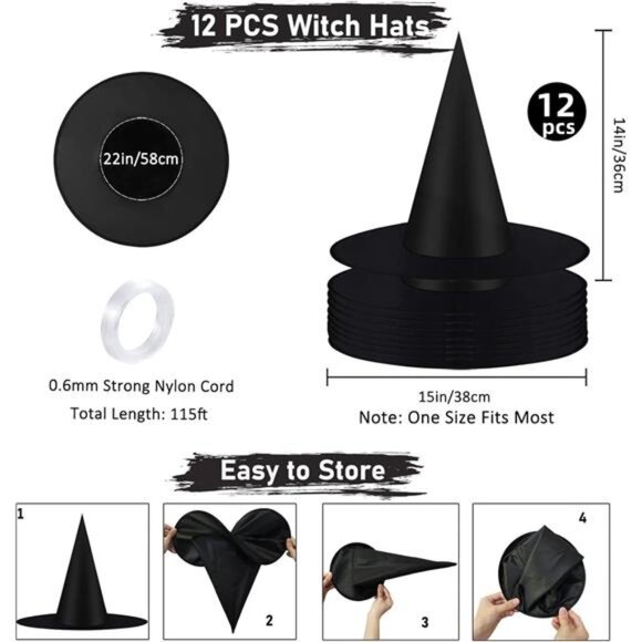 12pcs Halloween Black Witch Hats Costume Accessory Decoration Hanging Wizard Hat - Picture 3 of 7